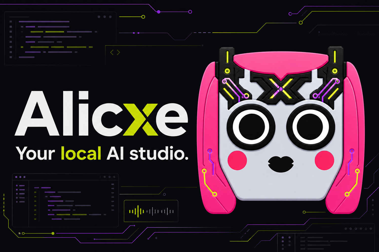 Alicxe robot beside local chat, code, and voice workspace signals